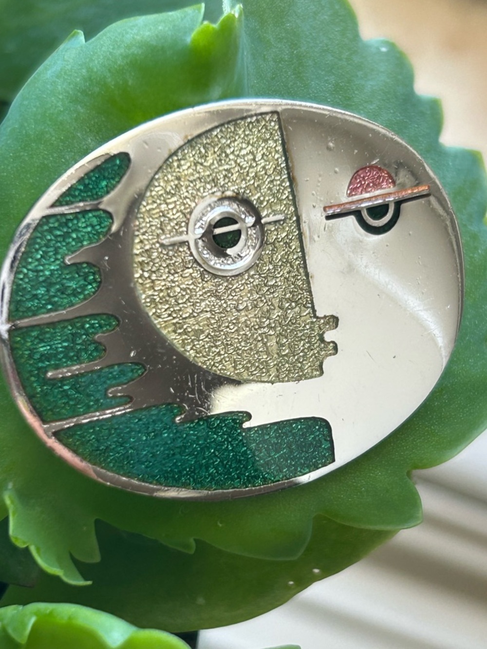 Vintage artisan De Passille & Sylvestre enameled face silver tone brooch pin